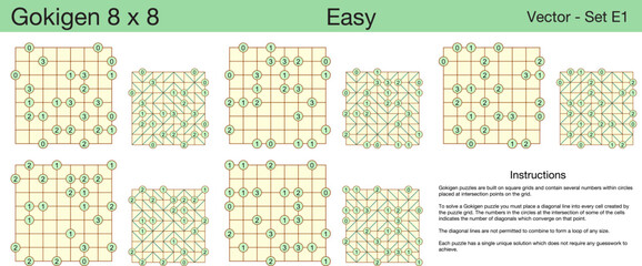 5 Easy Gokigen 8 x 8 Puzzles. A set of scalable puzzles for kids and adults, which are ready for web use or to be compiled into a standard or large print activity book.