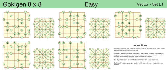5 Easy Gokigen 8 x 8 Puzzles. A set of scalable puzzles for kids and adults, which are ready for web use or to be compiled into a standard or large print activity book.