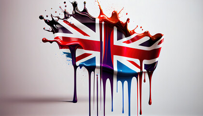 Liquid Paint Colors of United Kingdom Country Flag Dripping and Explosion on White Backdrop AI Generative