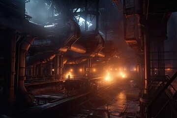 Glowing furnaces and machinery of the steel mill create a surreal, almost otherworldly atmosphere. Generative AI