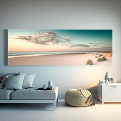 Morden living room interior decoration with sofa, a coffee table and one large landscape picture frame with pastel color background with generative AI technology