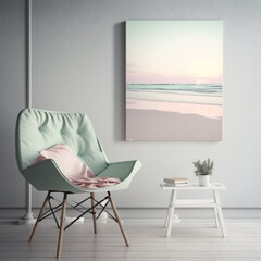 Morden living room interior with minimalist deco with rest chair a coffee table, a lamp table, a pot of plant and one large picture frame with pastel color background with generative AI technology