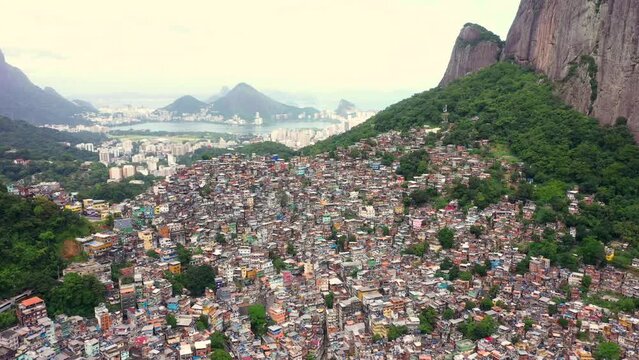 Aerial footage of favela da Rocinha, the Biggest Slum in Latin America. Located in Rio de Janeiro, Brazil