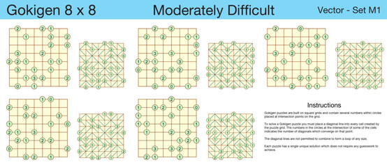5 Moderately Difficult Gokigen 8 x 8 Puzzles. A set of scalable puzzles for kids and adults, which are ready for web use or to be compiled into a standard or large print activity book.