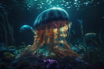 Fototapeta na wymiar Jelly fish in aquarium. AI generated art illustration.