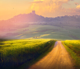 Fototapeta premium Beautiful summer mountain rural landscape; Panorama of summer green field with dirt road and Sunset cloudy sky.