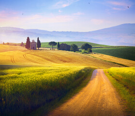 Beautiful Italian summer rural landscape; Countryside Panorama of summer green field with dirt road...
