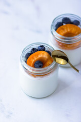 Homemade yogurt with apricot and blueberries. View from above, on a white background