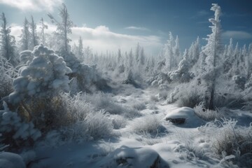 Winter forest in the fog. AI generated art illustration.