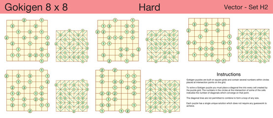 5 Hard Gokigen 8 x 8 Puzzles. A set of scalable puzzles for kids and adults, which are ready for web use or to be compiled into a standard or large print activity book.