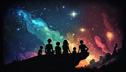 Fototapeta na wymiar Children Gazing at a Magical Night Sky