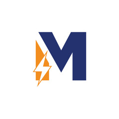 M Letter Logo With Lightning Thunder Bolt Vector Design. Electric Bolt Letter M Logo Vector Illustration.