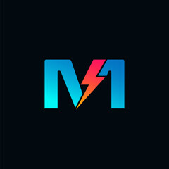 M Letter Logo With Lightning Thunder Bolt Vector Design. Electric Bolt Letter M Logo Vector Illustration.