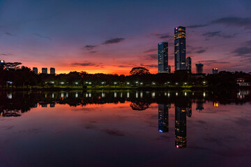 Silhouette of skyscrapers at sunset in Shenzhen, China.