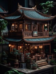 Chinese temple. AI generated art illustration.