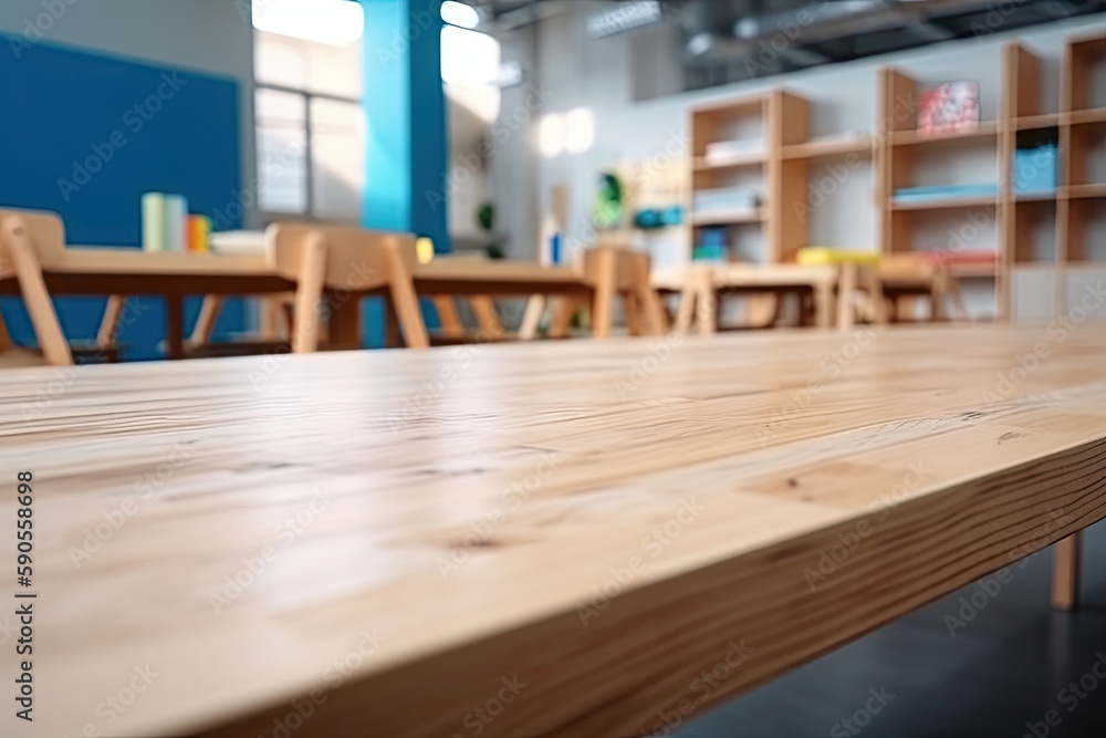 Poster rustic wooden table set with chairs in the background. generative ai