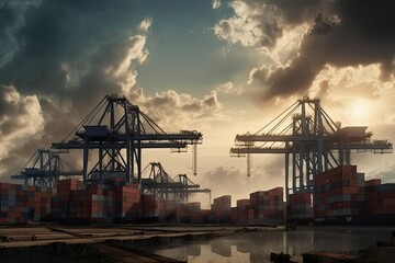 Massive cranes and shipping containers of the port loom large against the sky. Generative AI