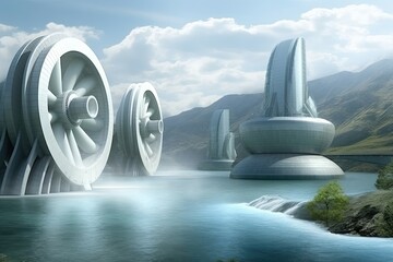 Massive turbines and generators of the hydroelectric dam generate clean energy for miles around. Generative AI