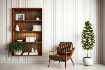Fototapeta na wymiar white room with a plant, chair and brown woden book shelf on wall, modern and minimalist interior, Generative AI