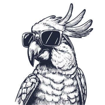 illustration of a cool parrot wearing sunglasses, summer time