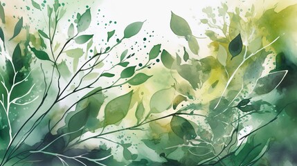 Natural Watercolor Background with Branches and Leaves. AI Generation