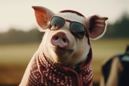 Pig With Sunglasses On Golf Green At Dawn Generative AI