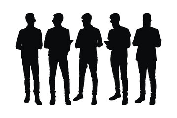 Male designer silhouette set vector with a tablet in their hand. Man model silhouette bundle with different poses. Male fashion designer silhouette collection standing in different poses with tablets.