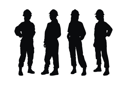 Female architect silhouette set vector wearing construction uniforms. Girl worker silhouette bundle with different poses. Women architect silhouette collection standing in different poses.