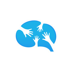 united hands in negative space combined with brain shape silhouette - intelligence teamwork logo - editable vector