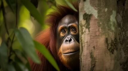 Fototapeta premium Inquisitive Orangutan Peeking from Behind Tree