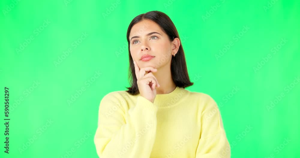 Wall mural Mind, thinking and decision with a woman on a green screen background in studio to consider an option. Idea, face and contemplating with an attractive young female looking thoughtful on chromakey