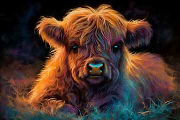 A Sweet Baby Highland Cow, Natural Colors, Morning Glow, Sunrise - Nursery Art, Rustic Art, Wall Art