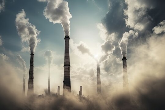 Towering smokestacks of the chemical plant emit a strange, toxic haze into the sky. Generative AI