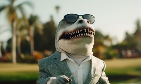 Shark Wearing Sunglasses On Golf Green At Dusk Generative AI