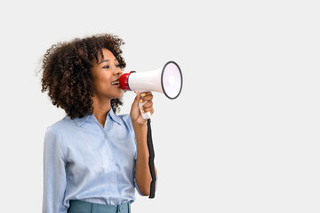 business woman shouting loud holding a megaphone, expressing success and positive concept, idea for...
