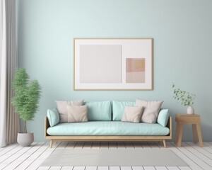 Morden living room interior with sofa, a cabinet, a pot of plant, a large picture frame and a parquet floor with pastel color background wall with generative AI technology