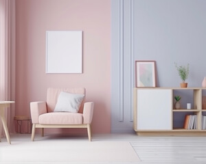Morden living room interior with sofa, a cabinet, a pot of plant, a picture frame and a parquet floor with pastel color background wall with generative AI technology