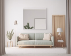 Morden living room interior with sofa and a pillow, a coffee table, a lamp table , a stand lamp, a pot of plant and a large mirror frame with pastel grey color background with generative AI technology