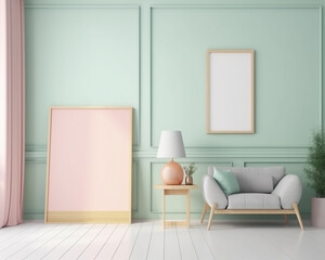 Morden living room interior with sofa, a coffee table, a lamp table, a pot of plant and one large picture frame with pastel color background with generative AI technology