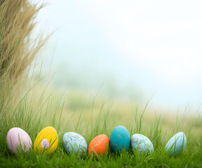 A collection of painted easter eggs celebrating a Happy Easter on a spring day with green grass meadow background with copy space, Generative AI