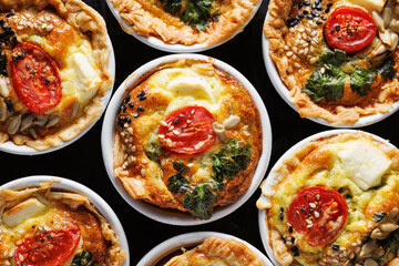 Mini vegetarian quiches stuffed with spinach, cherry tomatoes and cheese in a casserole dishes, top view - 590563432