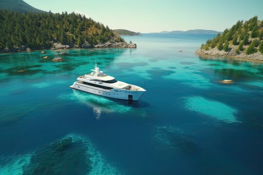 View from above, stunning aerial view of the Cala di volpe bay with a green coastline, white sand beaches and luxury yachts sailing on a turquoise water. Generative Ai