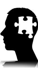 Mental health, psychotherapy, strategy, logical brain and memory creative abstract concept. Human Head silhouette with jigsaw puzzle pieces. Mindfulness, thinking, self care idea. 