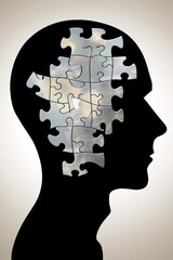 Mental health, psychotherapy, strategy, logical brain and memory creative abstract concept. Human Head silhouette with jigsaw puzzle pieces. Mindfulness, thinking, self care idea. 