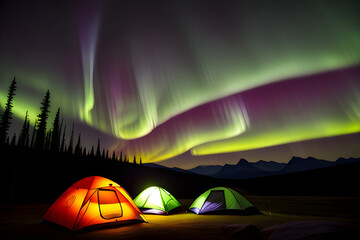 Tents camping on campground with northern lights over the forest in national park