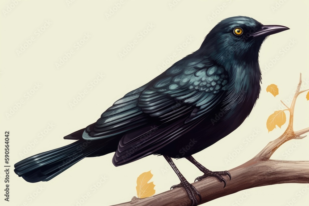 Poster black bird perched on a tree branch. generative ai