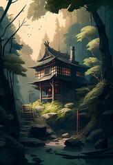 japanese building in a forest