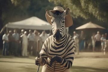 Fototapeta na wymiar Zebra With Bent Club On Golf Course Golfing Generative AI