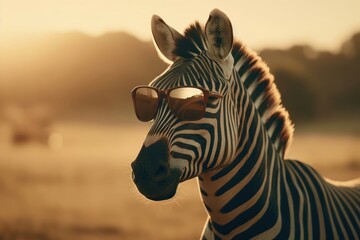 Zebra With Sunglasses On Fairway At Dusk Generative AI