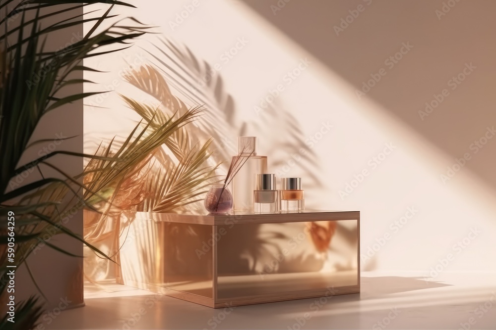 Poster table setting with plants and bottles. generative ai